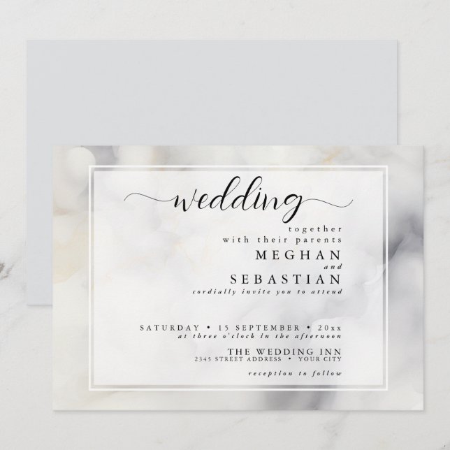  Elegant Grey and Pale Gold Soft Clouds Invitation (Front/Back)