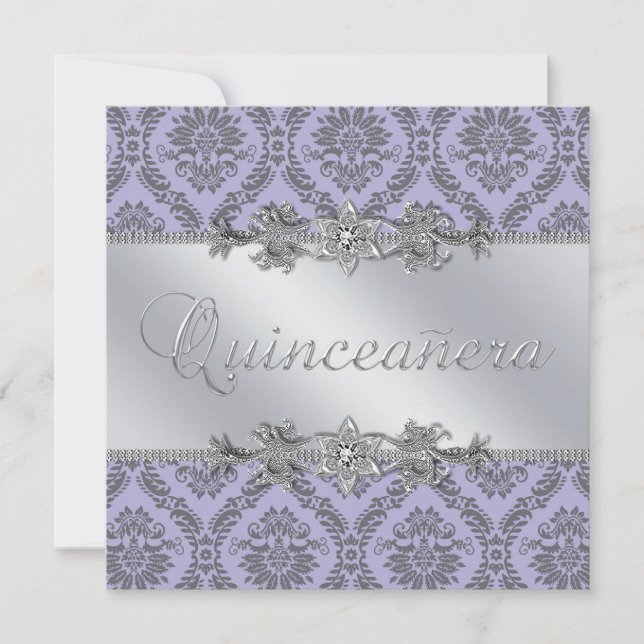 Elegant Grey and Purple Damask Quinceanera Invitation (Front)