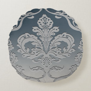 Elegant Grey and Taupe Royal Damask Round Pillow