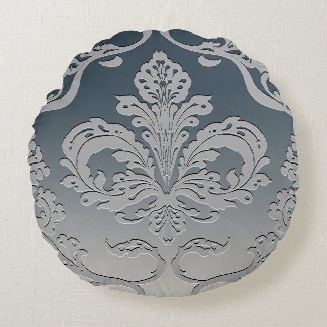 Elegant Grey and Taupe Royal Damask Round Pillow (Front)