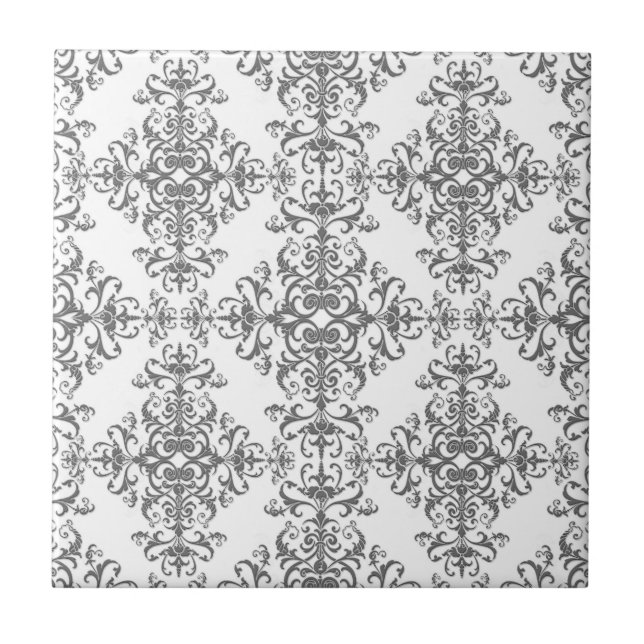 Elegant Grey and White Floral Damask Victorian Art Tile (Front)