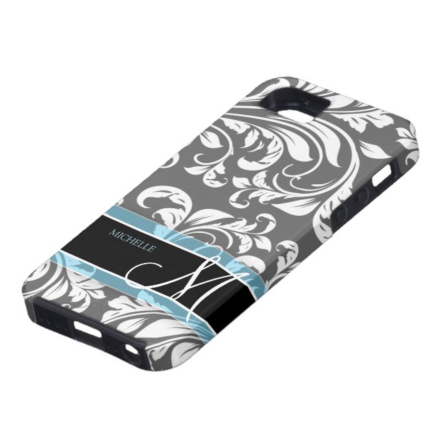 Elegant Grey and white floral damask w/ monogram Case-Mate iPhone Case (Bottom)