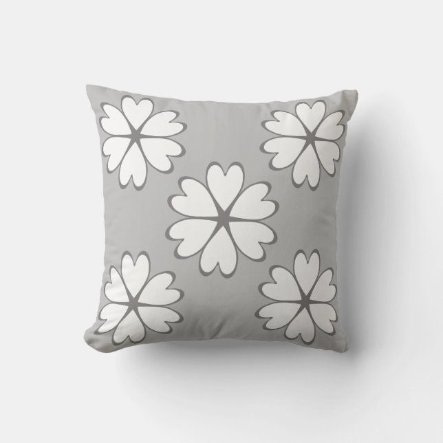 Elegant Grey and White Heart Flowers Throw Pillow (Front)