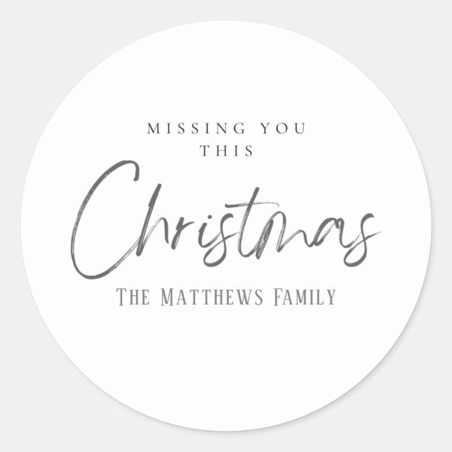 Elegant Grey And White Missing You Christmas  Classic Round Sticker (Front)