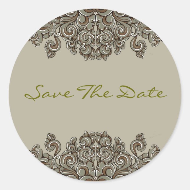 Elegant Grey AndBeige Victorian Floral Swirls Classic Round Sticker (Front)