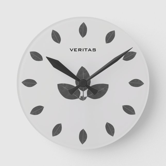 Elegant Grey Bay Tree Leaves Round Clock (Front)