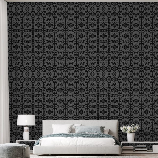 Elegant Grey & Black Antique Scroll Pattern Wallpaper (Bedroom)