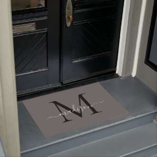 Elegant Grey Black Custom Monogram Script Name Doormat