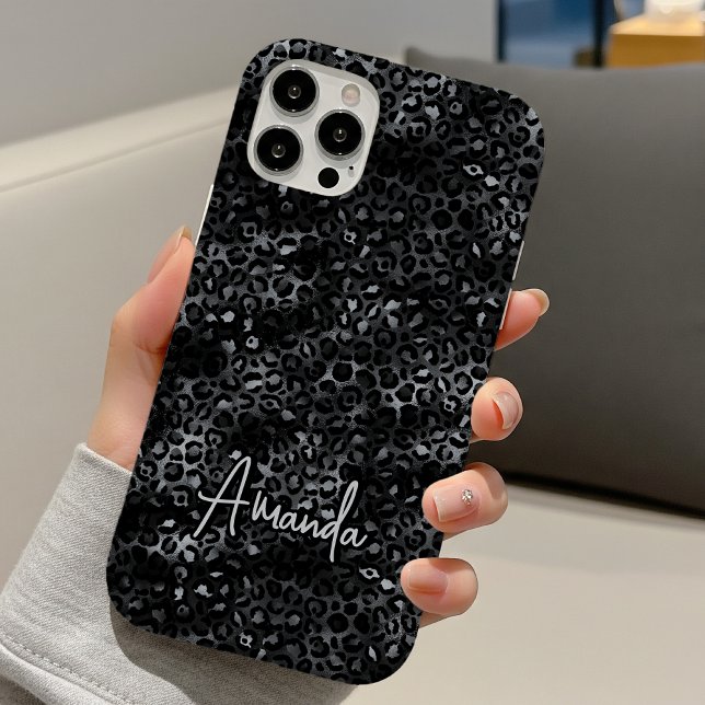 Elegant grey black leopard print monogram Case-Mate iPhone case (Creator Uploaded)
