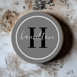 Elegant Grey Black Round Custom Monogram Initial Coaster<br><div class="desc">Elegant round personalized beverage drink coaster design features a classic custom serif monogram initial in black with your last name / surname in modern white calligraphy script against a dark pewter grey background. A simple white circle frames the design. Colour scheme can be customized to coordinate perfectly with your home...</div>