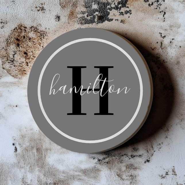 Elegant Grey Black Round Custom Monogram Initial Coaster (Creator Uploaded)