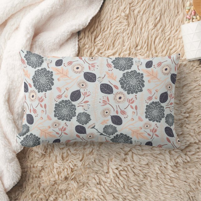 Elegant Grey Blue Peach Floral Pattern Lumbar Pillow (Blanket)