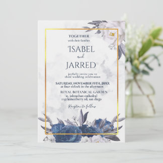 Elegant Grey Blue Peonies All in One Wedding Invitation