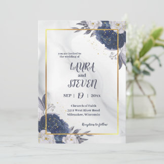 Elegant Grey Blue Peonies All In One Wedding Invitation