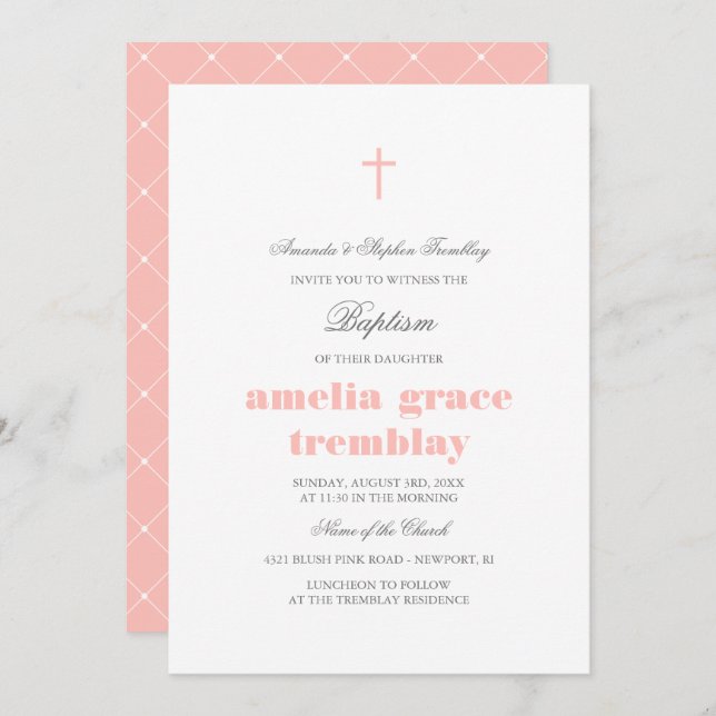 Elegant Grey & Blush Pink Cross Baptism Invitation (Front/Back)