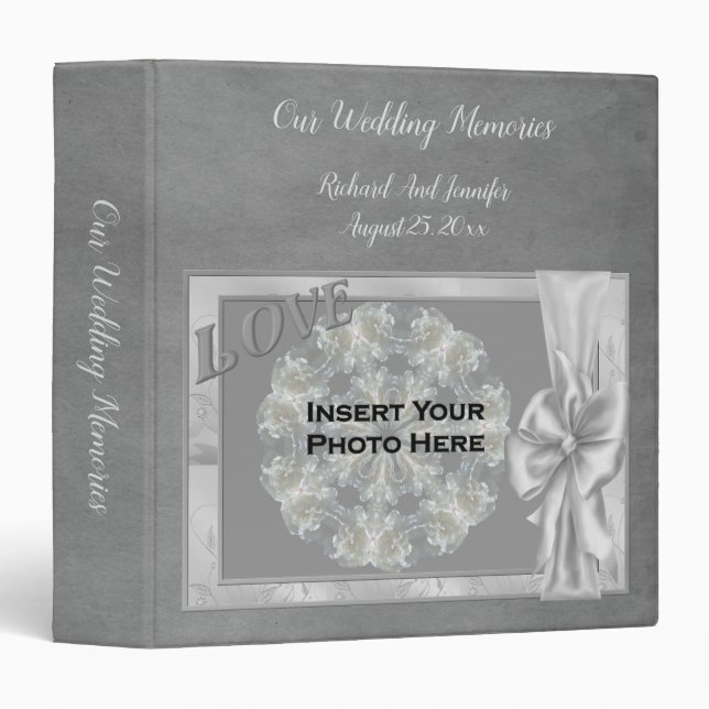 Elegant Grey Bow Frame Personalized Wedding Photo  Binder (Front/Spine)