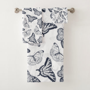 Elegant Grey Butterflies White Design Bath Towel Set