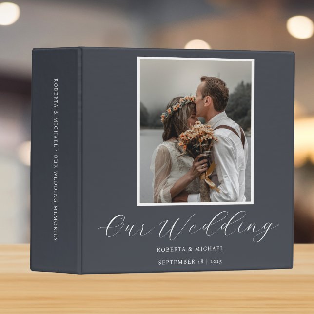 Elegant Grey Calligraphy Photo Our Wedding Album Binder (Creator Uploaded)