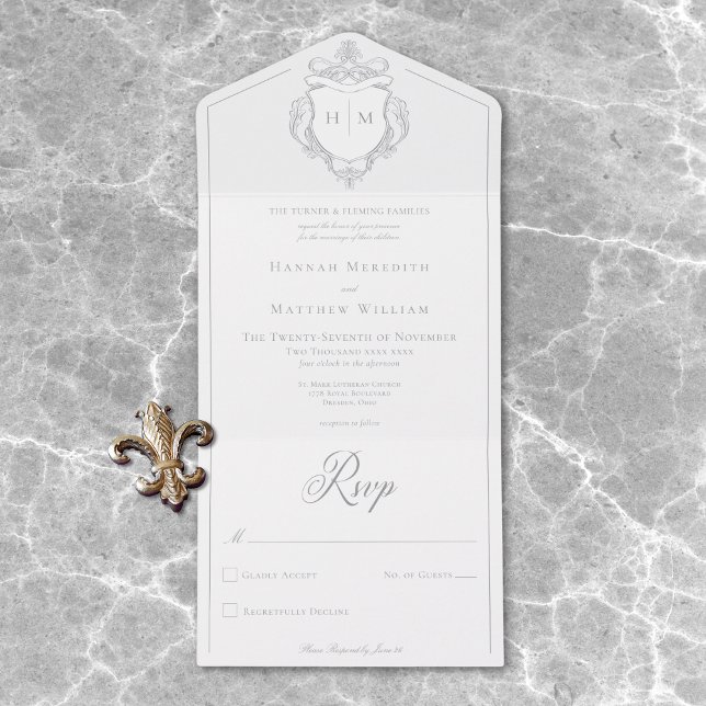 Elegant Grey Chinoiserie Bird Crest Wedding All In One Invitation (Elegant Gray Chinoiserie Bird Crest Wedding All In One Invitation)
