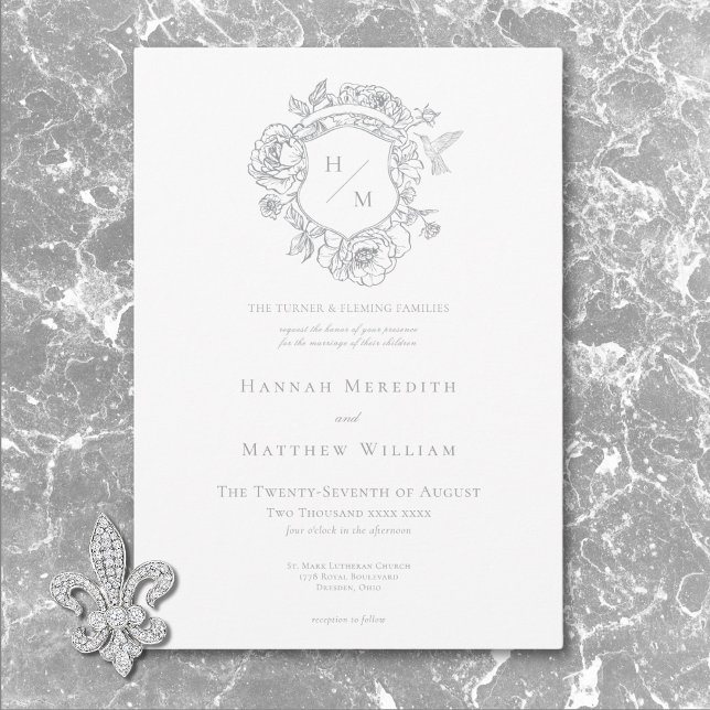Elegant Grey Chinoiserie Bird & Crest Wedding Invitation (Elegant Gray Chinoiserie Bird & Crest Wedding Invitation)