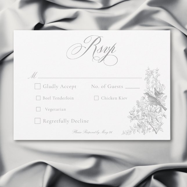 Elegant Grey Chinoiserie Nature & Birds Wedding RSVP Card (Elegant Gray Chinoiserie Nature & Birds Wedding RSVP Card)