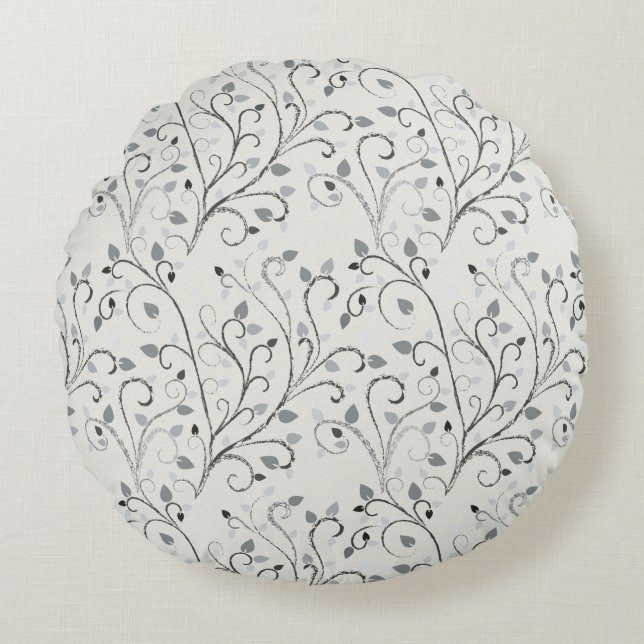 Elegant grey contrast leaf pattern round pillow (Front)