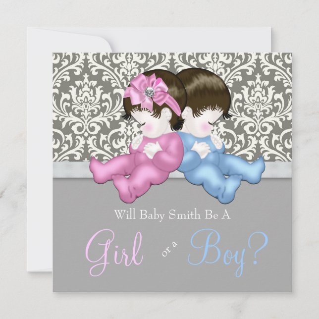 Elegant Grey Damask Gender Reveal Shower Invitation (Front)