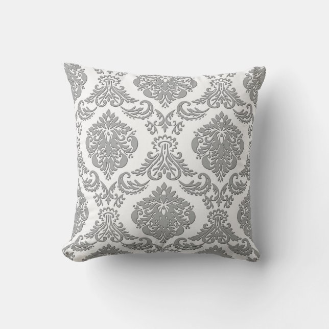 Elegant Grey Damask Pattern Art Throw Pillow (Front)
