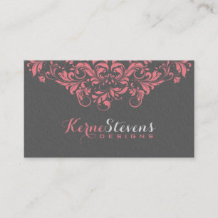 Elegant Grey Damasks & Pink Lace Swirls 2 Business Card