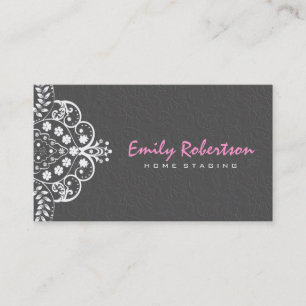 Elegant Grey Damasks White Vintage Lace 2a Business Card