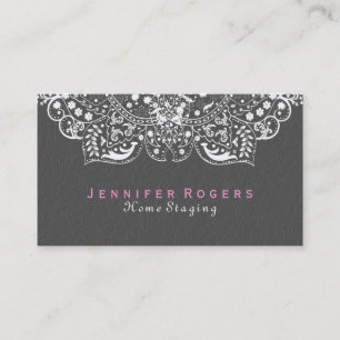 Elegant Grey Damasks White Vintage Lace 2c Business Card