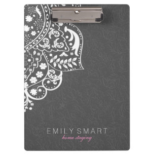 Elegant Grey Damasks With White Floral Lace Clipboard