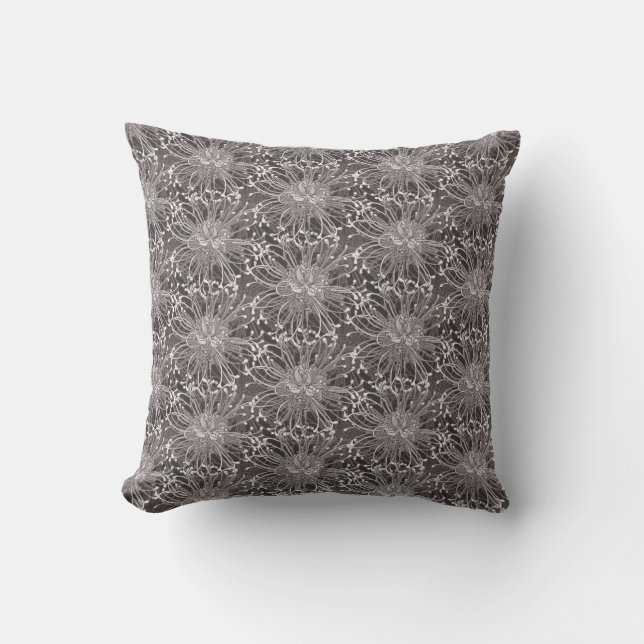 Elegant Grey Dandelion Flower Pattern Throw Pillow (Front)