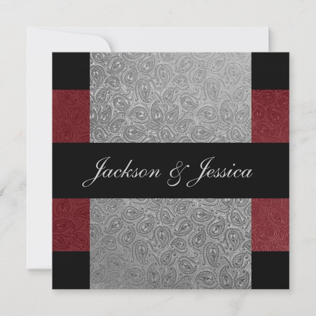 Elegant Grey Dark Red Paisley Engagement Party Invitation (Front)
