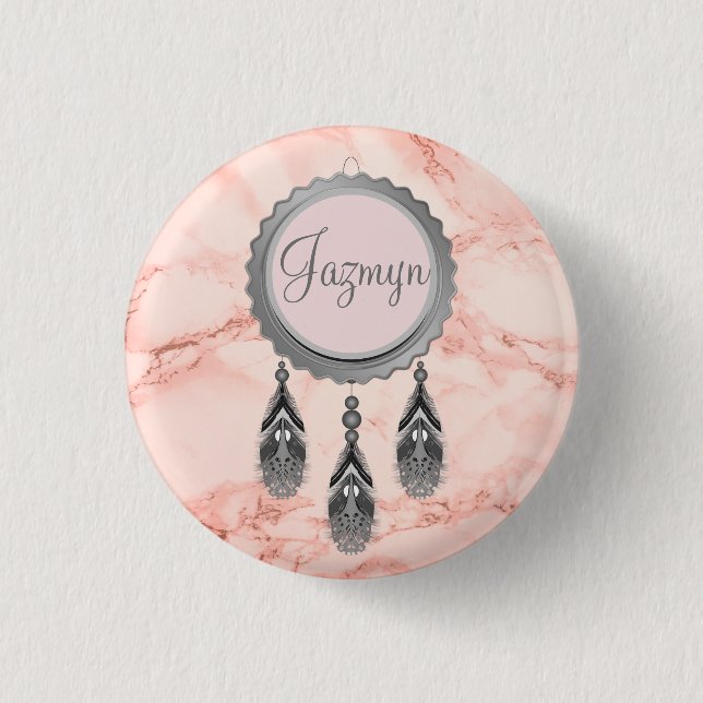 Elegant Grey Dreamcatcher on Pink Marble  1 Inch Round Button (Front)