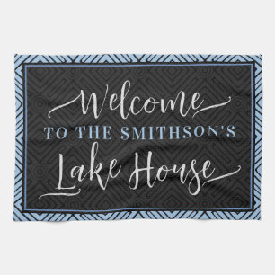  Elegant Grey & Dusty Blue Chic Welcome Lake House Kitchen Towel