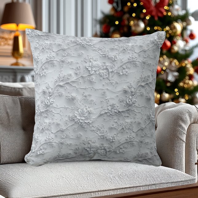 Elegant Grey Embroidered-Effect Floral  Throw Pillow (Creator Uploaded)