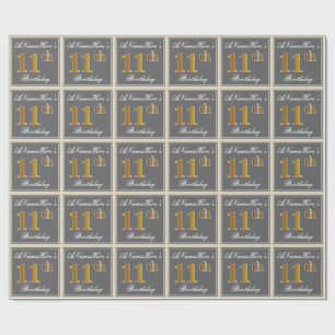 Elegant, Grey, Faux Gold 11th Birthday + Name Wrapping Paper