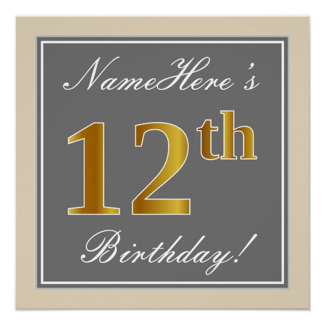 Elegant, Grey, Faux Gold 12th Birthday + Name Poster (Front)