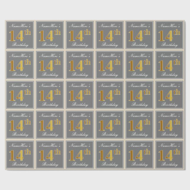 Elegant, Grey, Faux Gold 14th Birthday + Name Wrapping Paper (Flat)