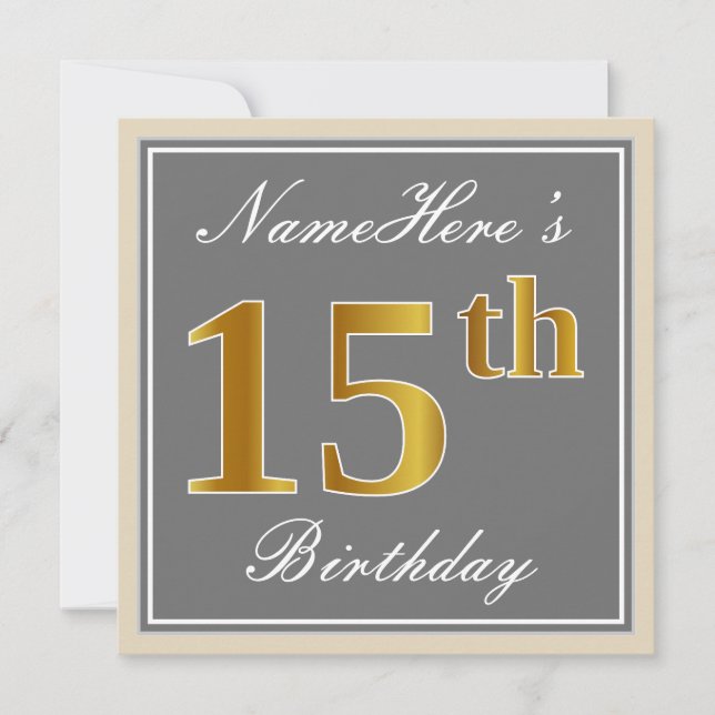 Elegant, Grey, Faux Gold 15th Birthday + Name Invitation (Front)