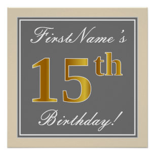 Elegant, Grey, Faux Gold 15th Birthday + Name Poster