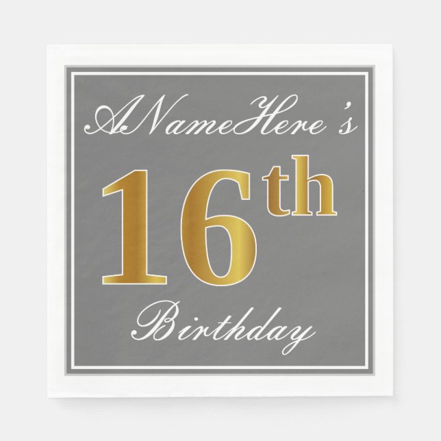 Elegant Grey, Faux Gold 16th Birthday; Custom Name Napkin (Front)