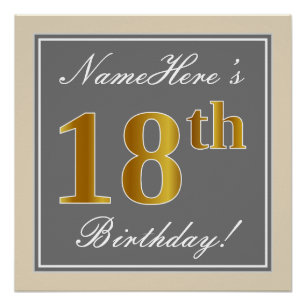 Elegant, Grey, Faux Gold 18th Birthday + Name Poster