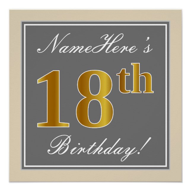 Elegant, Grey, Faux Gold 18th Birthday + Name Poster (Front)