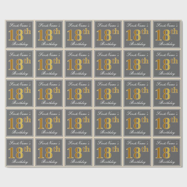 Elegant, Grey, Faux Gold 18th Birthday + Name Wrapping Paper (Flat)