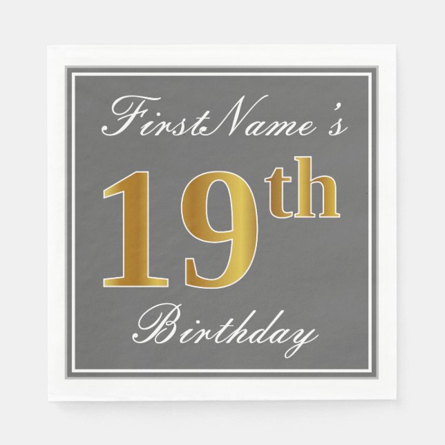 Elegant Grey, Faux Gold 19th Birthday; Custom Name Napkin (Front)