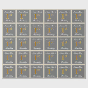 Elegant, Grey, Faux Gold 1st Birthday; Custom Name Wrapping Paper