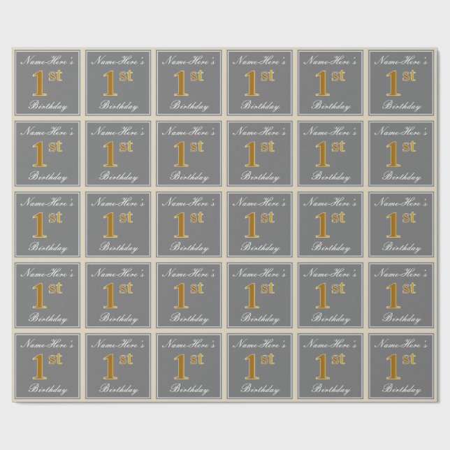 Elegant, Grey, Faux Gold 1st Birthday; Custom Name Wrapping Paper (Flat)