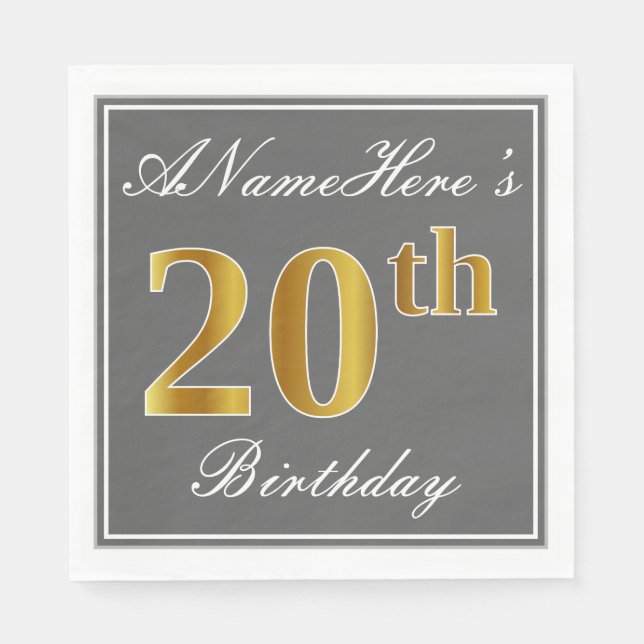 Elegant Grey, Faux Gold 20th Birthday; Custom Name Napkin (Front)